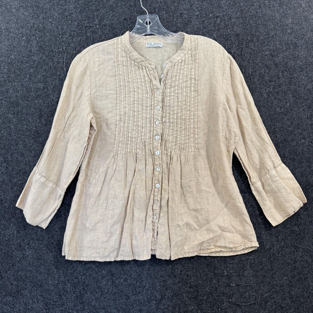 Russ Berens Blouse Women's Small Beige 100% Linen Pintuck Button Tunic Top